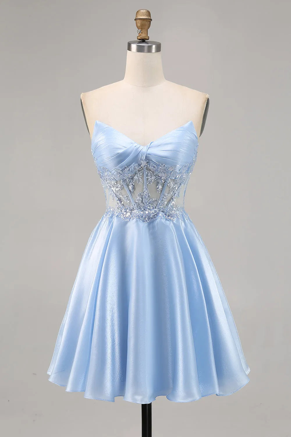Sparkly Light Blue Satin Strapless Corset Short Homecoming Dress with Lace