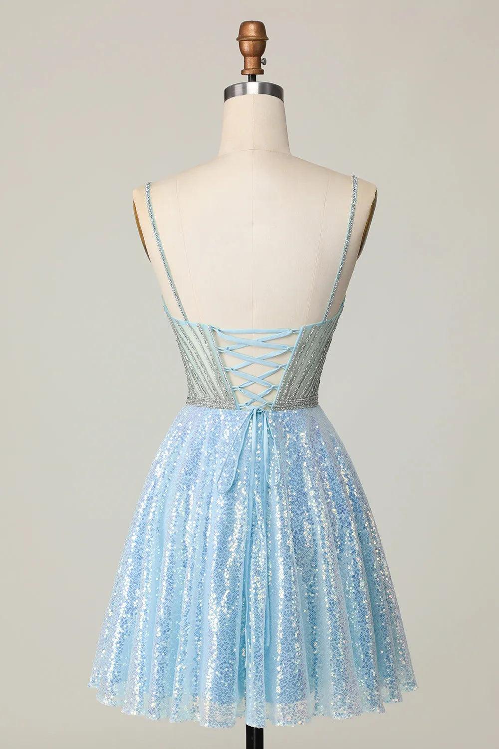 Sparkly Light Blue Sequin Spaghetti Straps Short Homecoming Dress with Beading