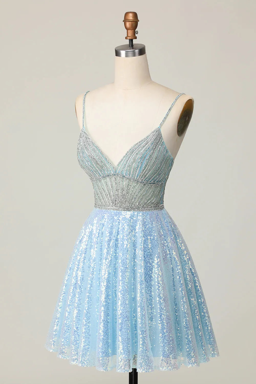 Sparkly Light Blue Sequin Spaghetti Straps Short Homecoming Dress with Beading