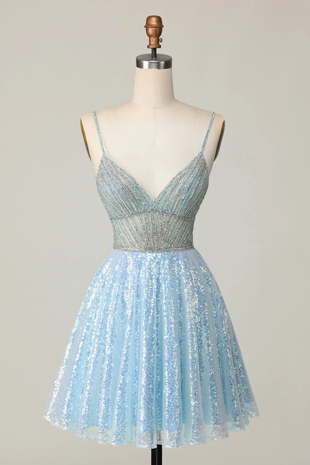 Sparkly Light Blue Sequin Spaghetti Straps Short Homecoming Dress with Beading