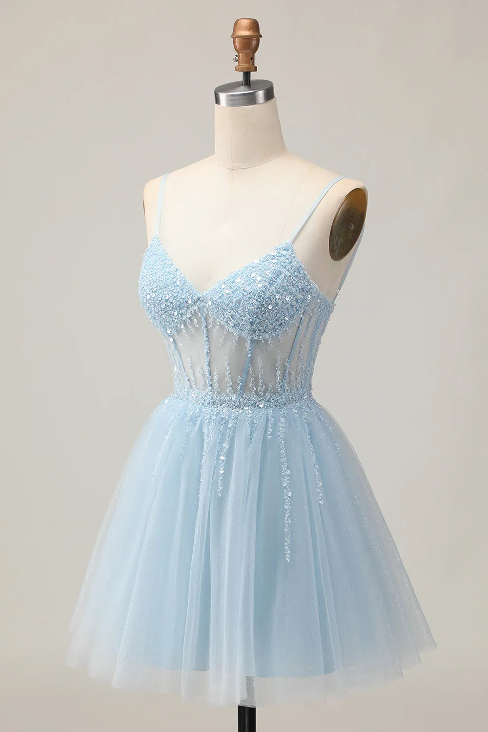 Sparkly Light Blue Tulle Corset A Line Short Homecoming Dress with Beading ﻿