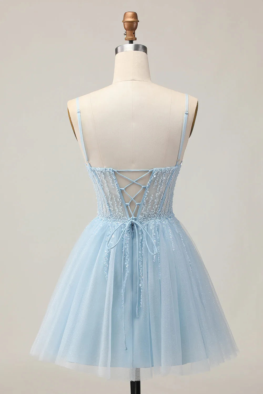 Sparkly Light Blue Tulle Corset A Line Short Homecoming Dress with Beading ﻿