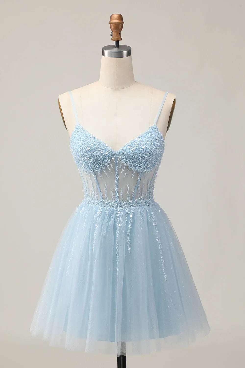 Sparkly Light Blue Tulle Corset A Line Short Homecoming Dress with Beading ﻿