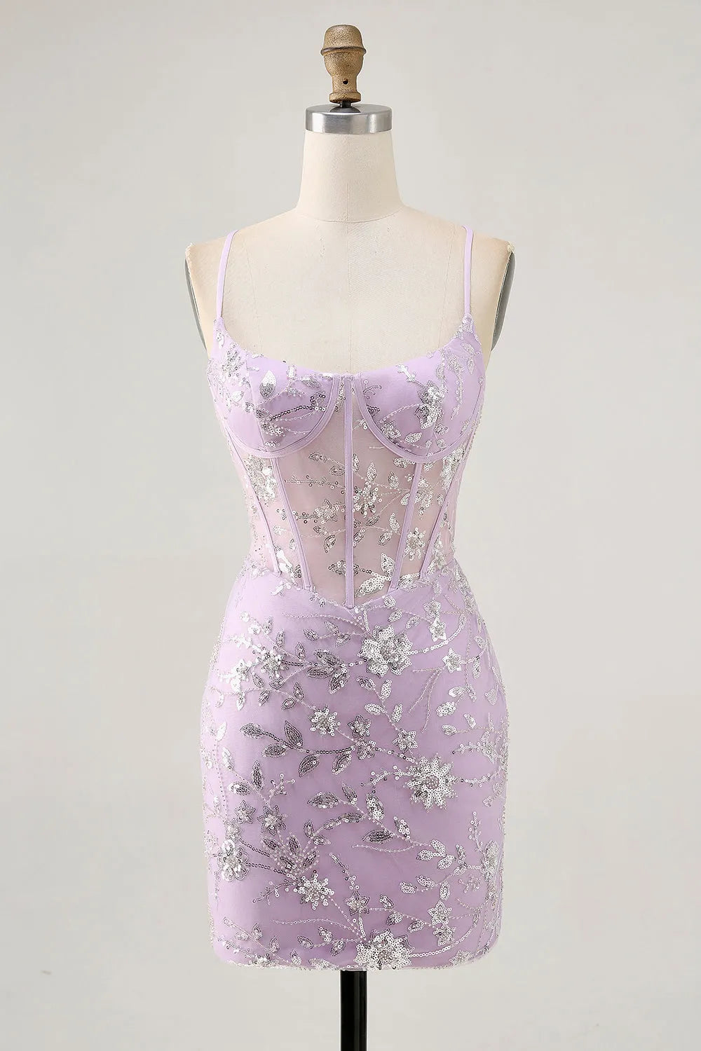 Sparkly Lilac Floral Tight Corset Short Homecoming Dress with Sequins