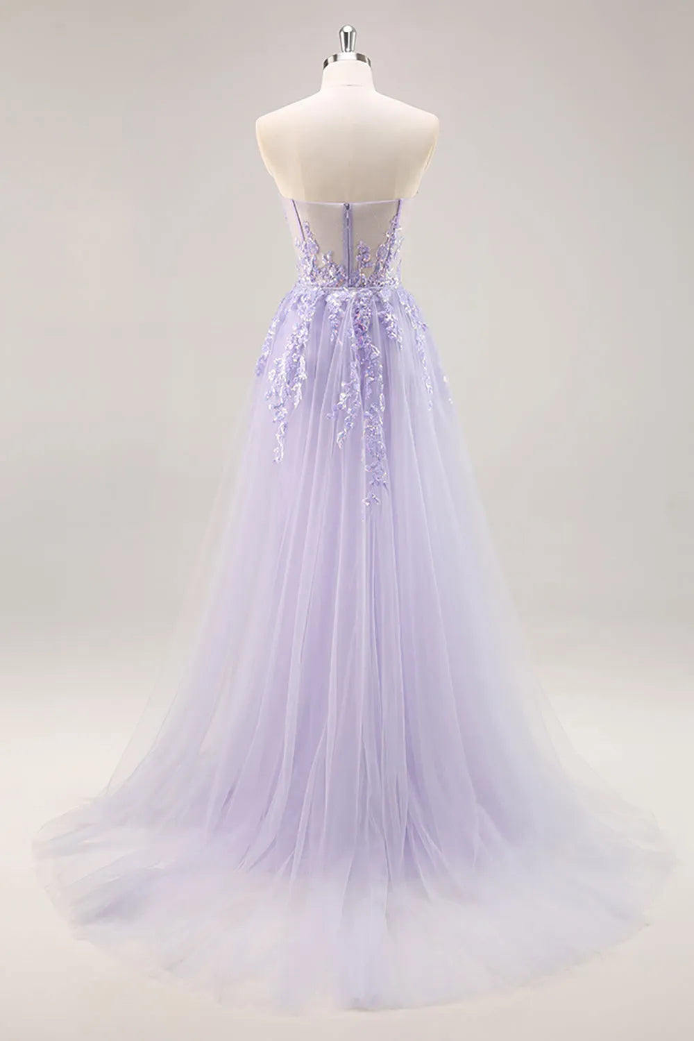 Sparkly Lilac Tulle Strapless Corset Long Prom Dress with Appliques