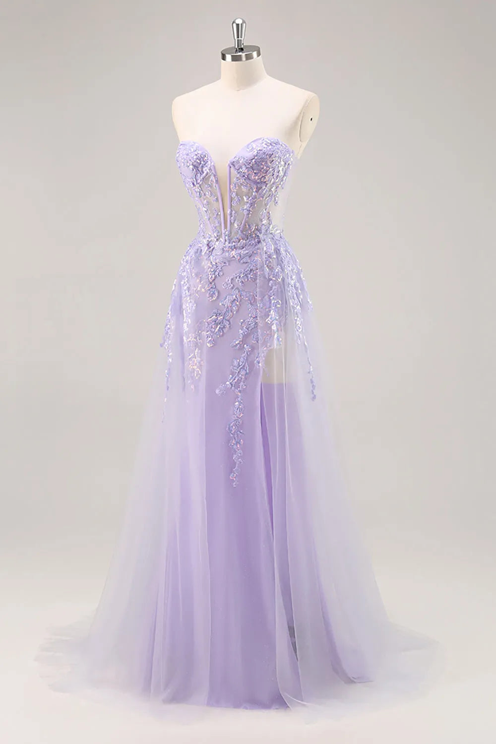 Sparkly Lilac Tulle Strapless Corset Long Prom Dress with Appliques