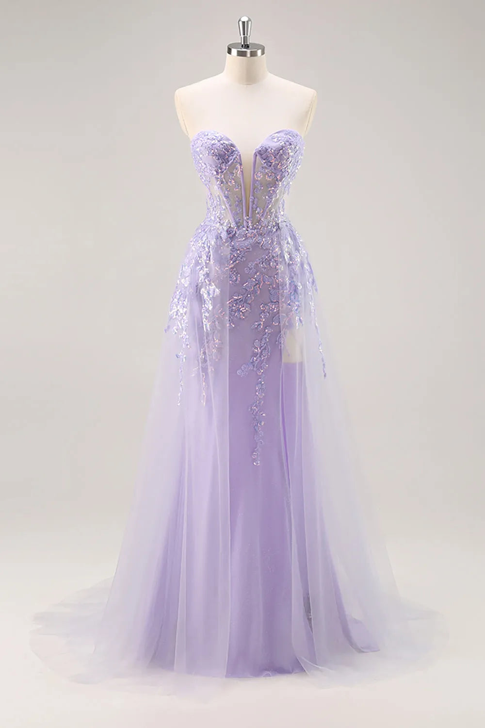 Sparkly Lilac Tulle Strapless Corset Long Prom Dress with Appliques