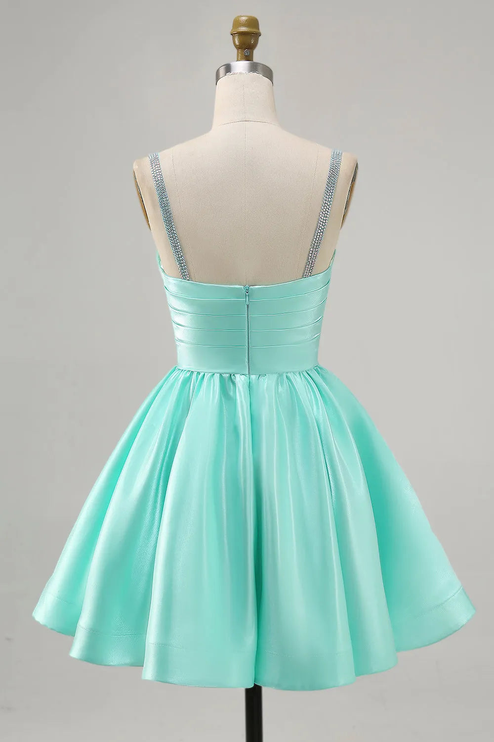 Sparkly Mint Green Ruched Satin Short Homecoming Dress with Beading