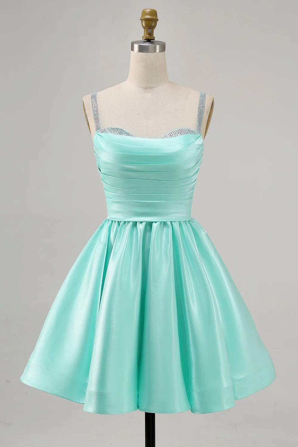 Sparkly Mint Green Ruched Satin Short Homecoming Dress with Beading