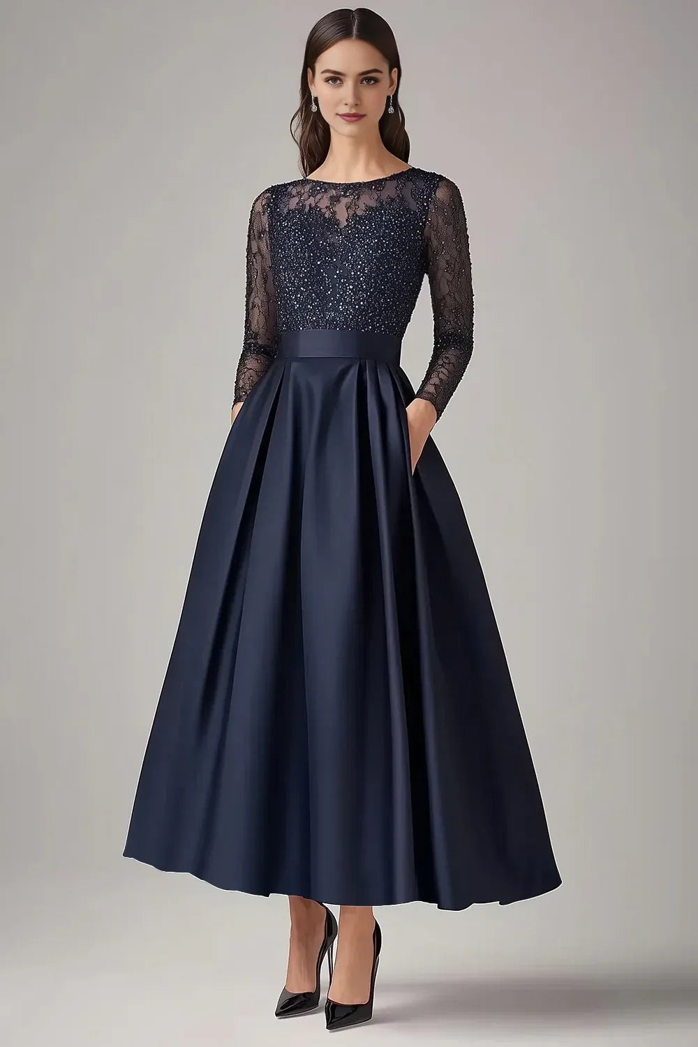 Sparkly Navy Beaded A Line Long Sleeves Mother Of the Bride Dress with Lace