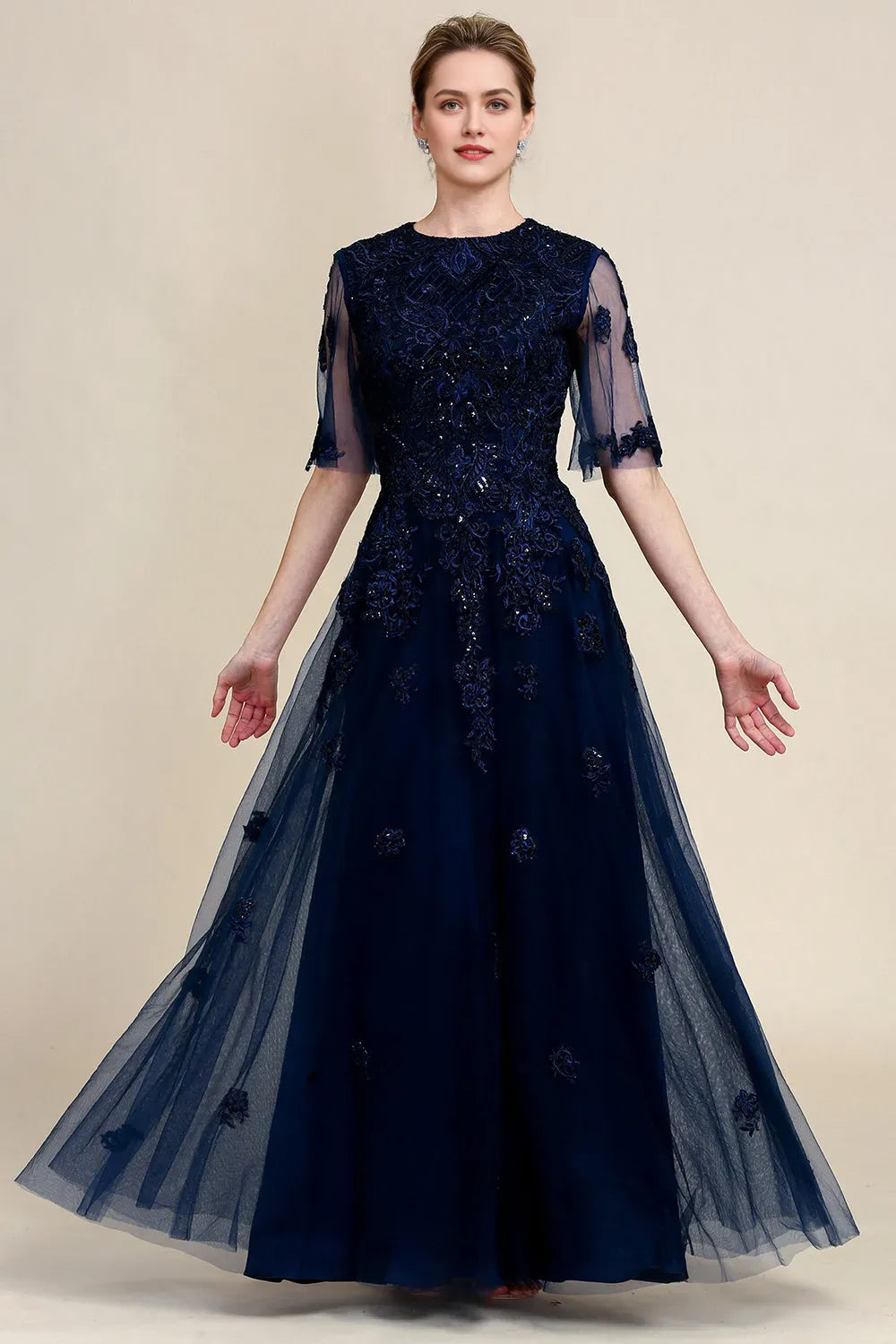 Sparkly Navy Beaded Mother of the Bride Dress with Lace