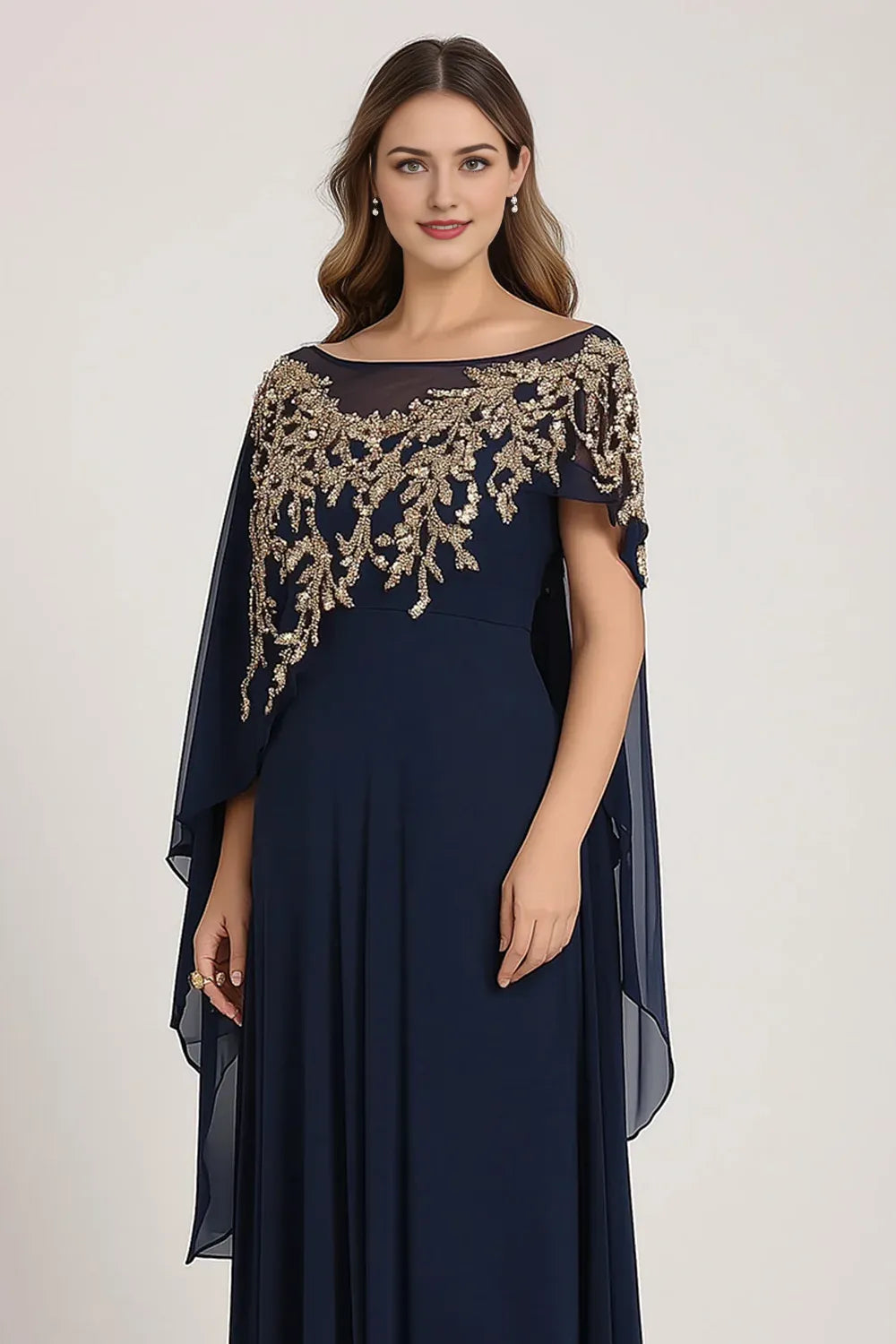 Sparkly Navy Chiffon Mother of Bride Dress with Cape ﻿
