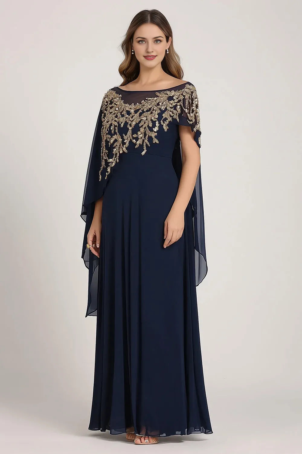 Sparkly Navy Chiffon Mother of Bride Dress with Cape ﻿