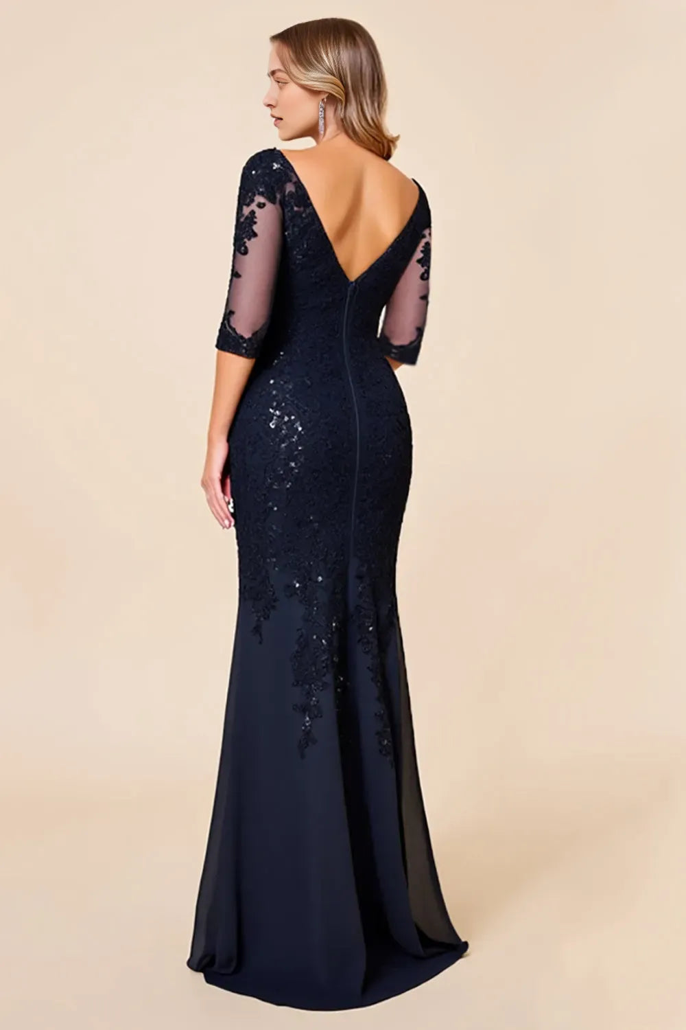 Sparkly Navy Mermaid Chiffon Long Mother of the Bride Dress with Lace