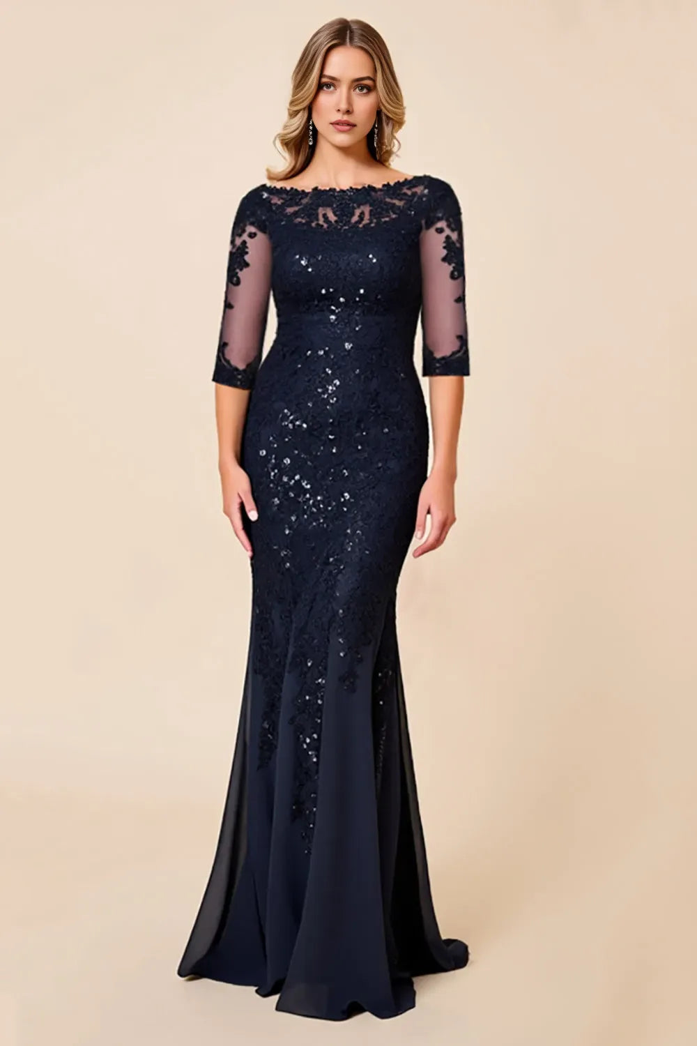 Sparkly Navy Mermaid Chiffon Long Mother of the Bride Dress with Lace