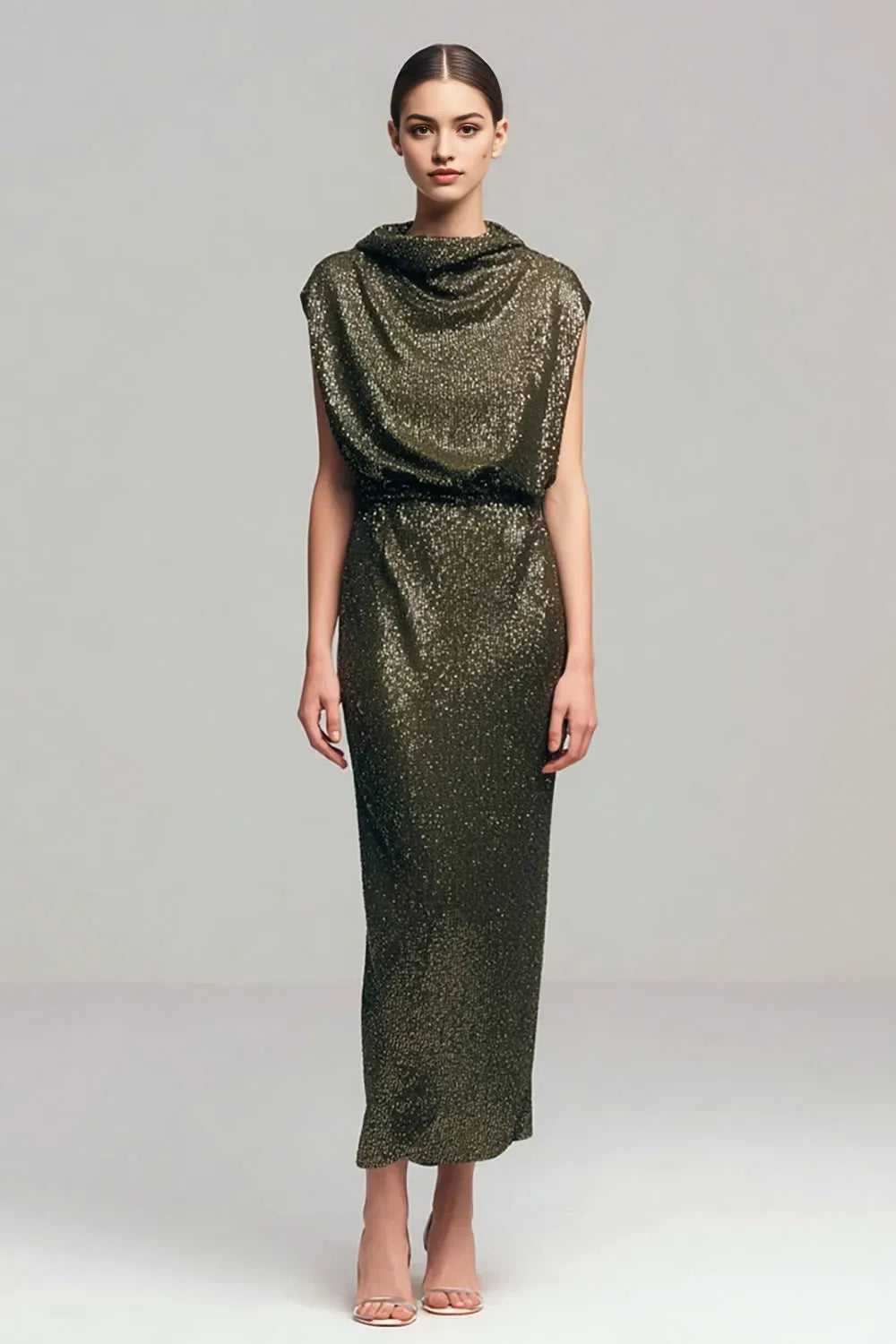 Sparkly Olive Cowl Neck Sheath Long Sequins Holiday Party Dress