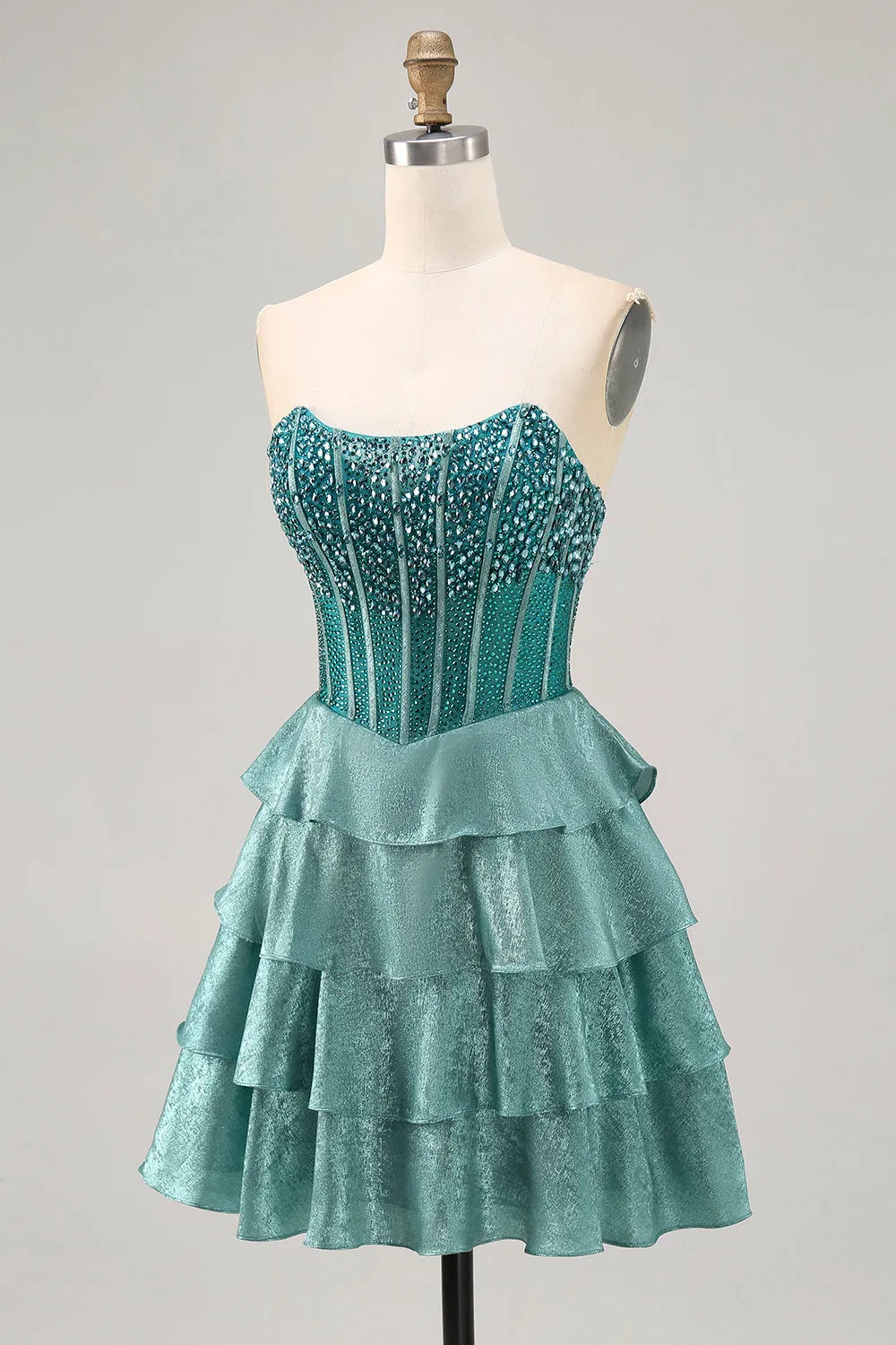 Sparkly Peacock Green Corset Strapless Tiered Short Homecoming Dress