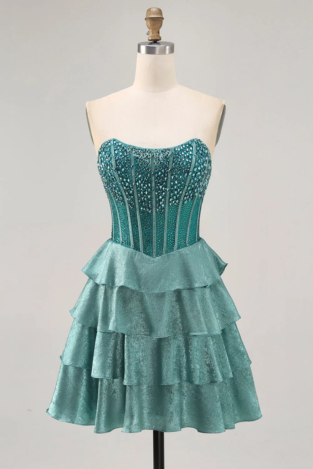Sparkly Peacock Green Corset Strapless Tiered Short Homecoming Dress