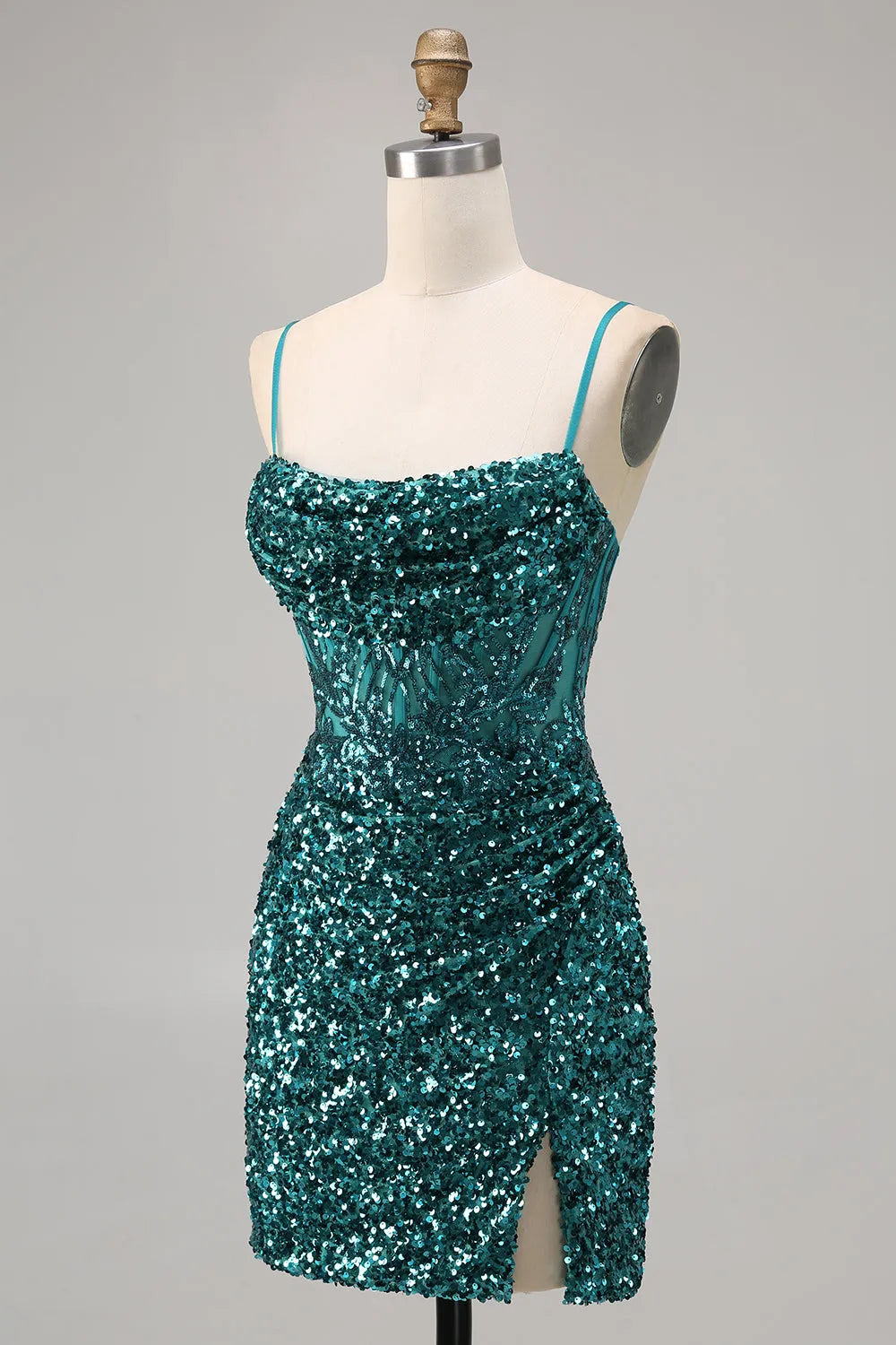 Sparkly Peacock Green Sequins Spaghetti Straps Short Homecoming Dress