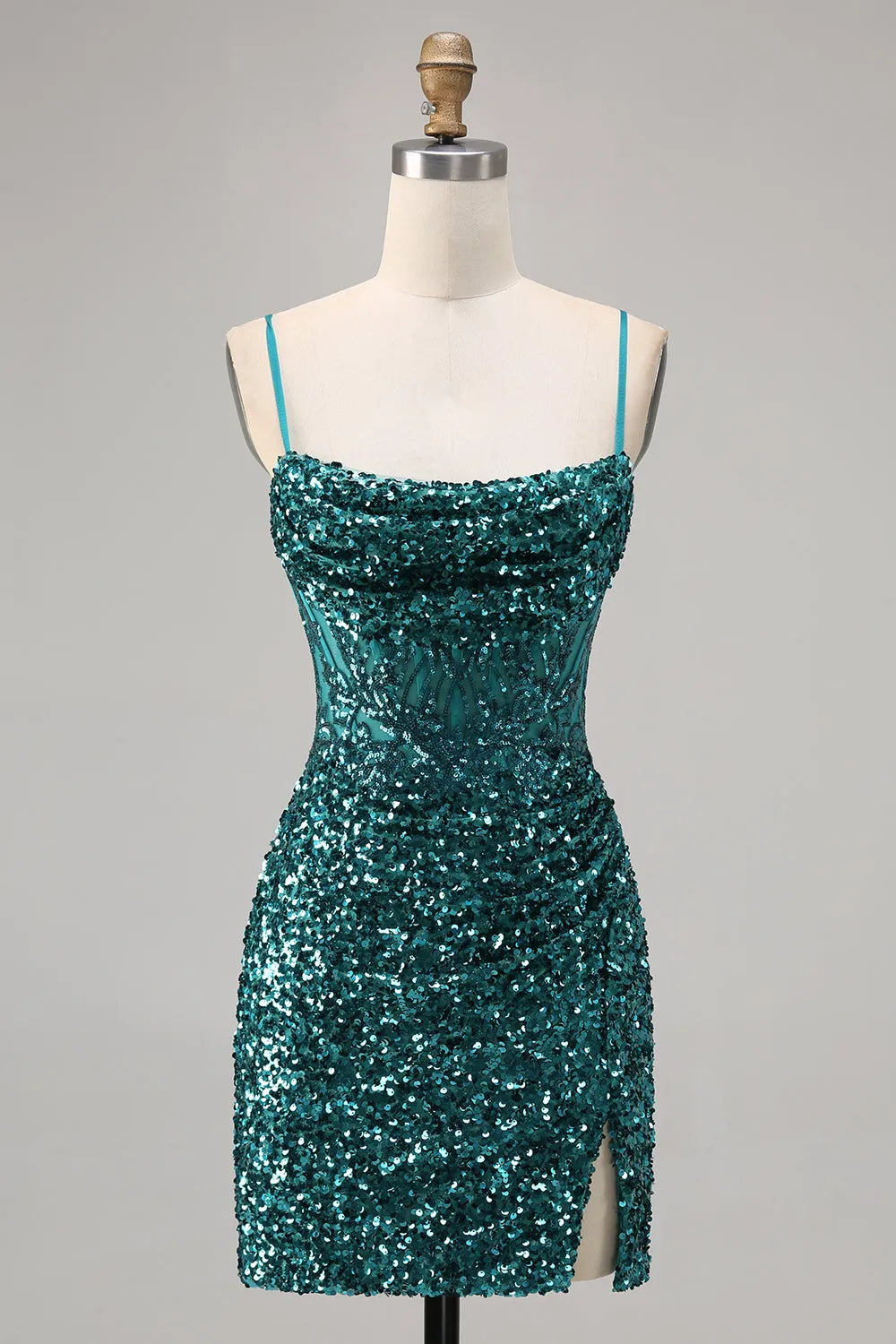 Sparkly Peacock Green Sequins Spaghetti Straps Short Homecoming Dress
