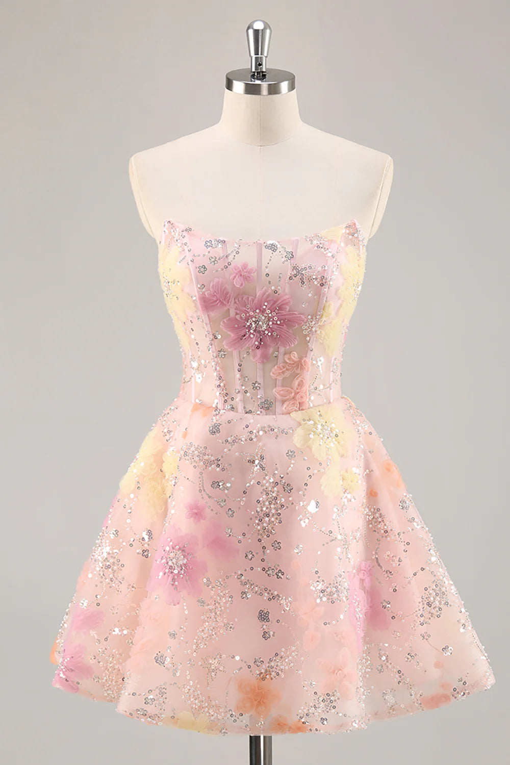 Sparkly Pink Corset Floral A Line Short Homecoming Dress with Beading