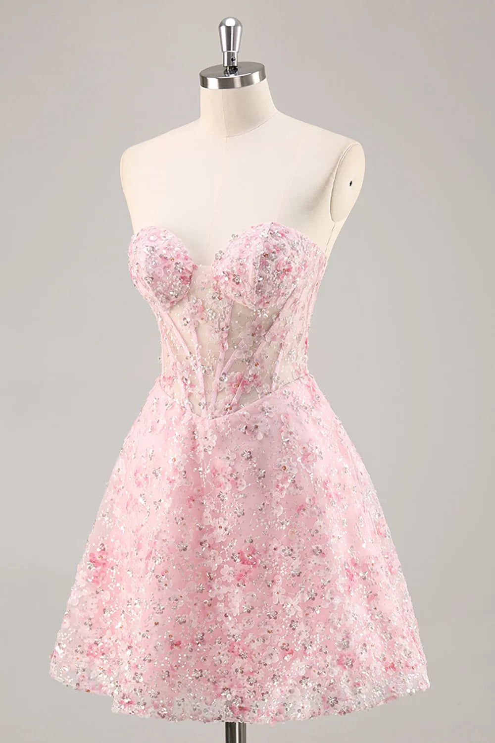 Sparkly Pink Corset Floral Sweetheart Short Homecoming Dress with Sequins ﻿