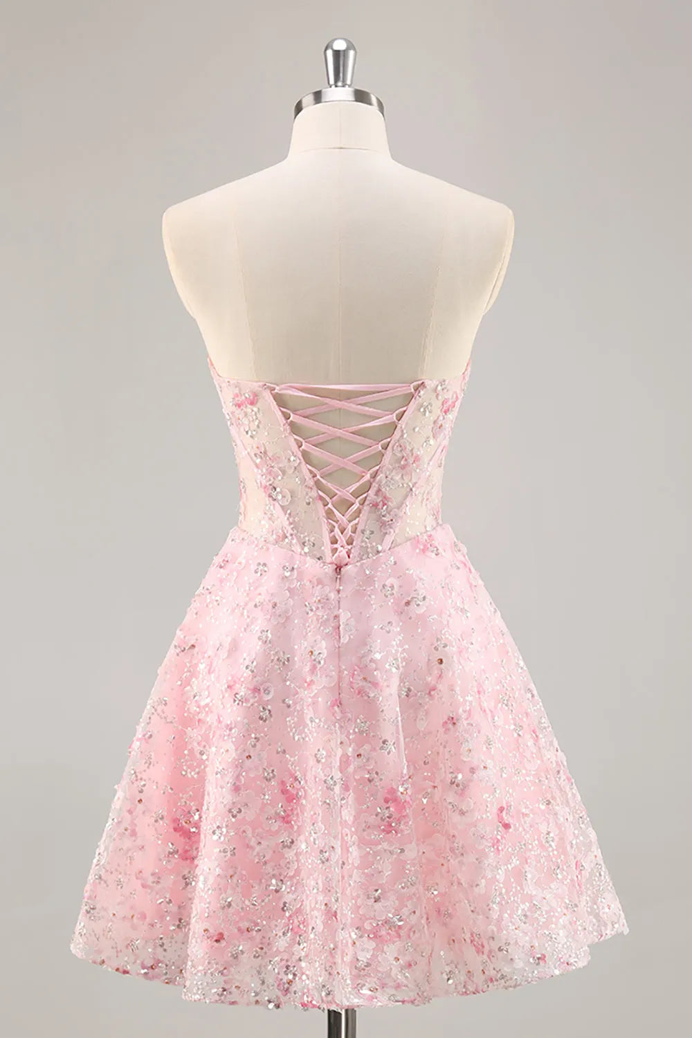 Sparkly Pink Corset Floral Sweetheart Short Homecoming Dress with Sequins ﻿