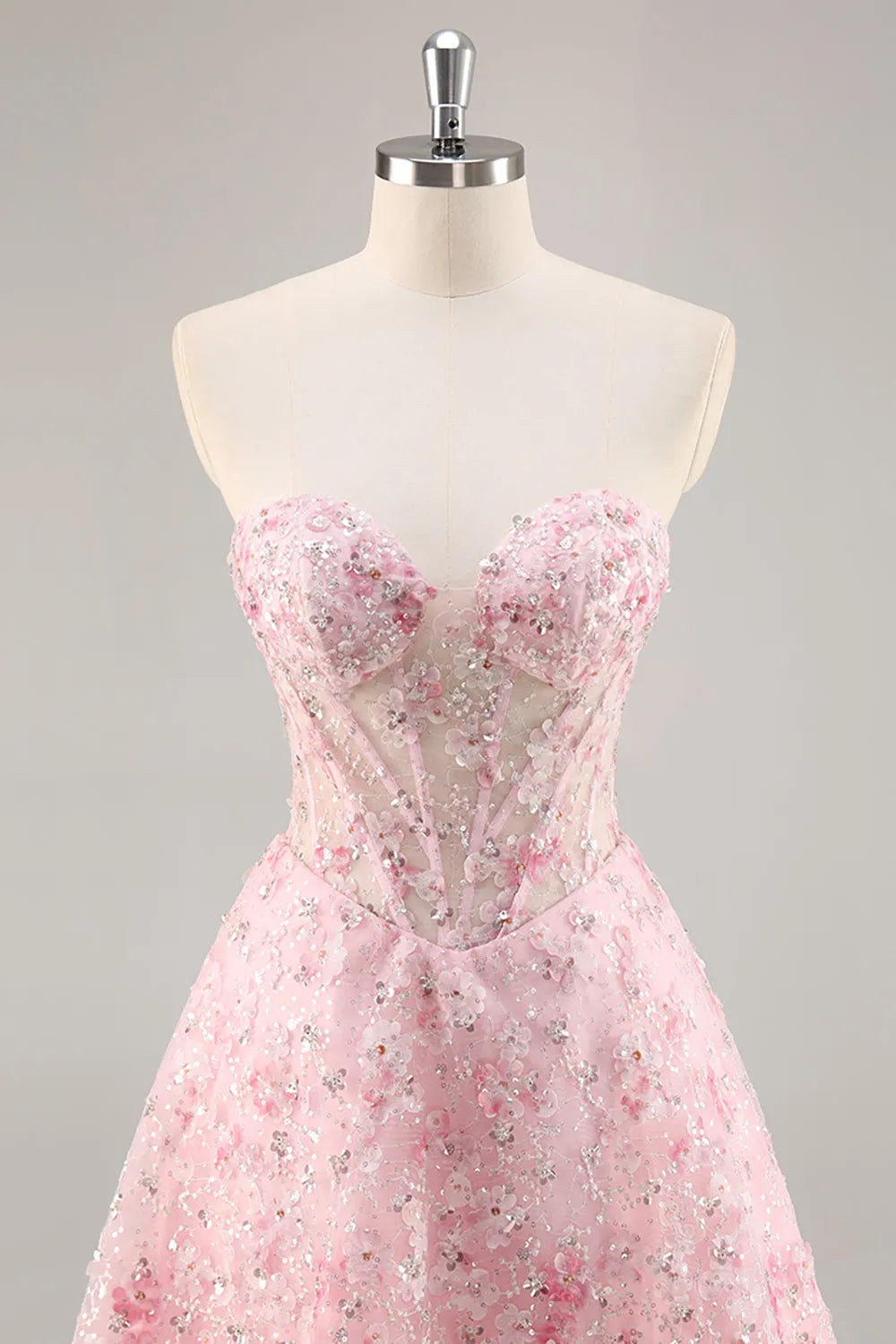 Sparkly Pink Corset Floral Sweetheart Short Homecoming Dress with Sequins ﻿