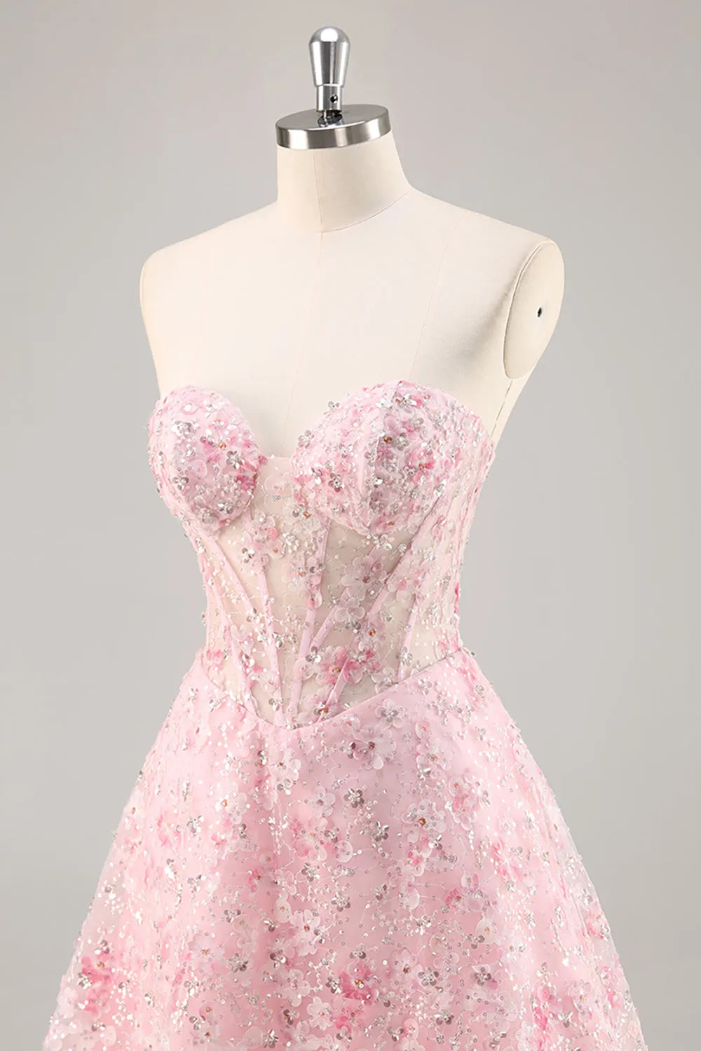 Sparkly Pink Corset Floral Sweetheart Short Homecoming Dress with Sequins ﻿