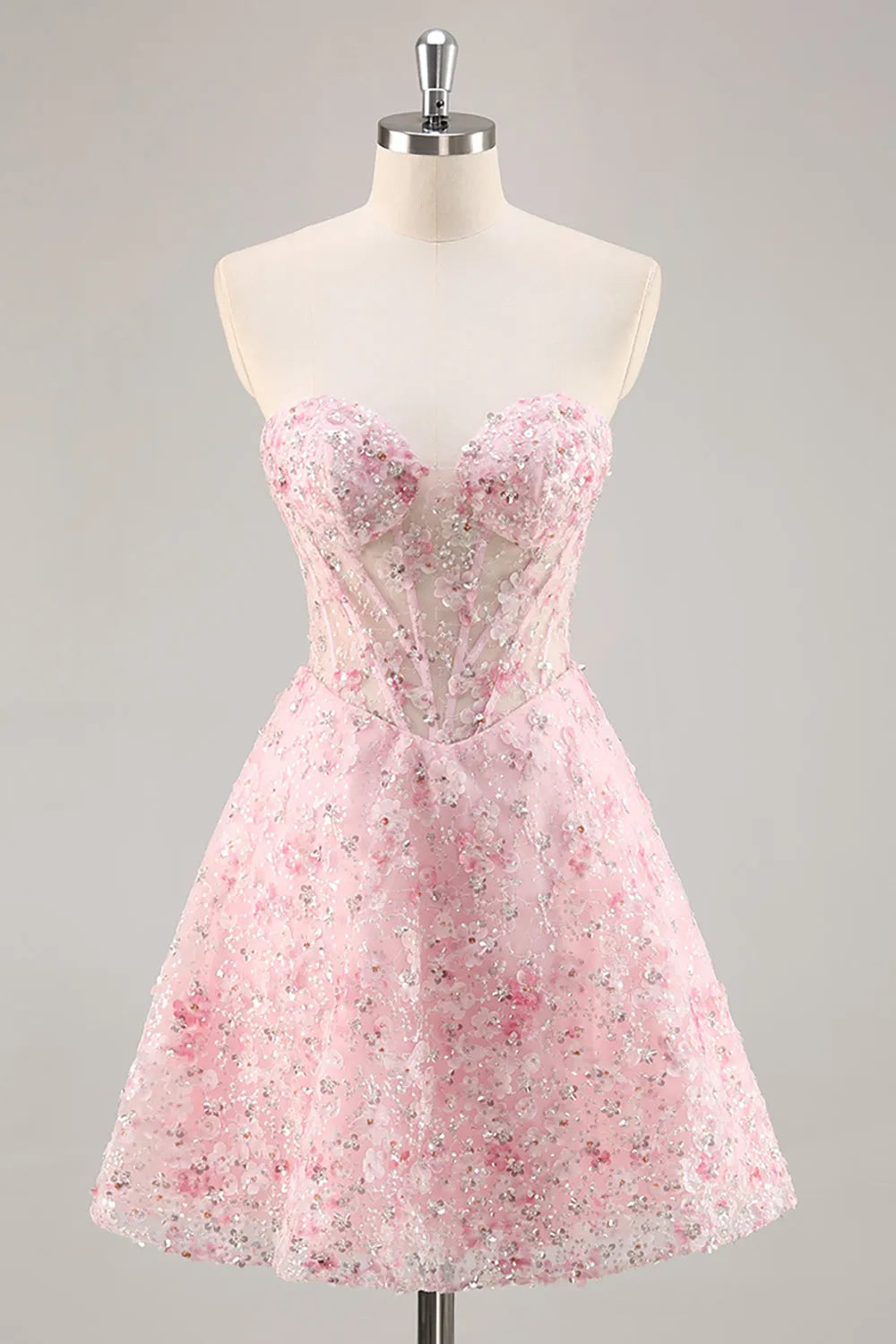 Sparkly Pink Corset Floral Sweetheart Short Homecoming Dress with Sequins ﻿