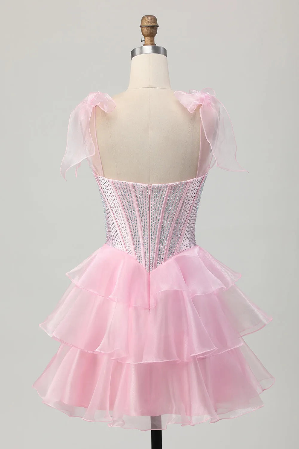 Sparkly Pink Corset Ruched Tiered Short Homecoming Dress with Beading
