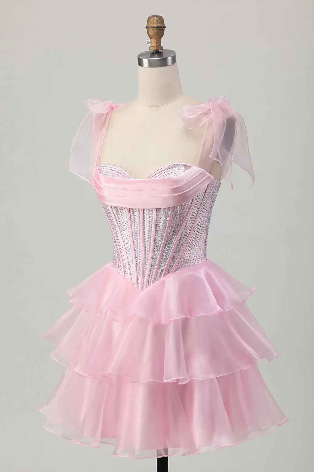 Sparkly Pink Corset Ruched Tiered Short Homecoming Dress with Beading