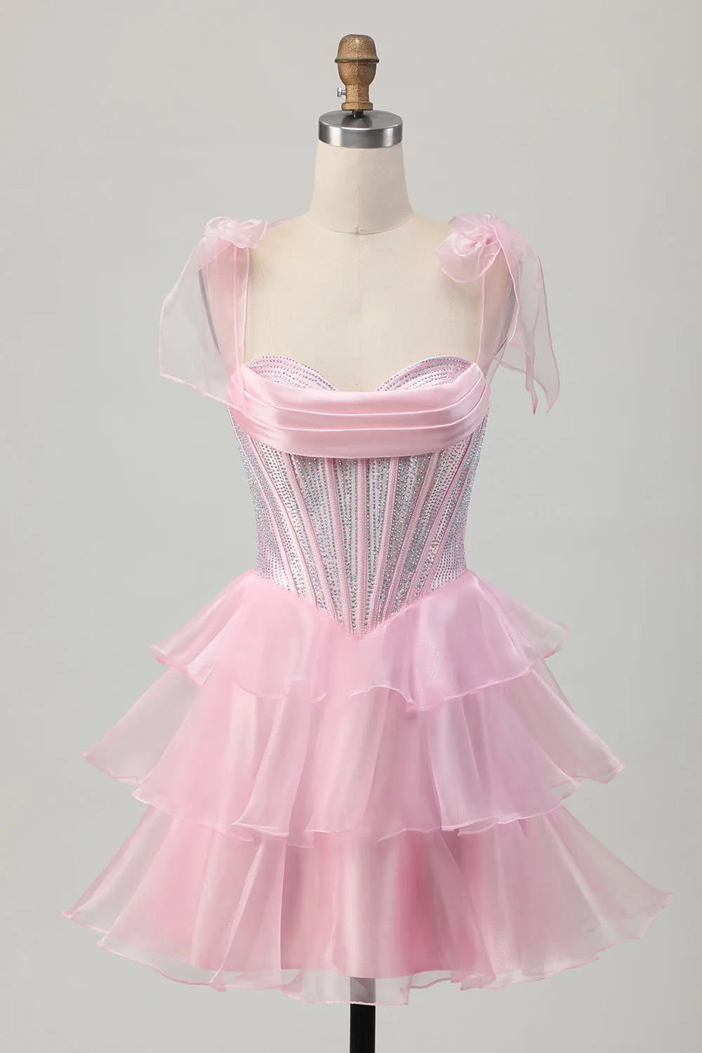 Sparkly Pink Corset Ruched Tiered Short Homecoming Dress with Beading