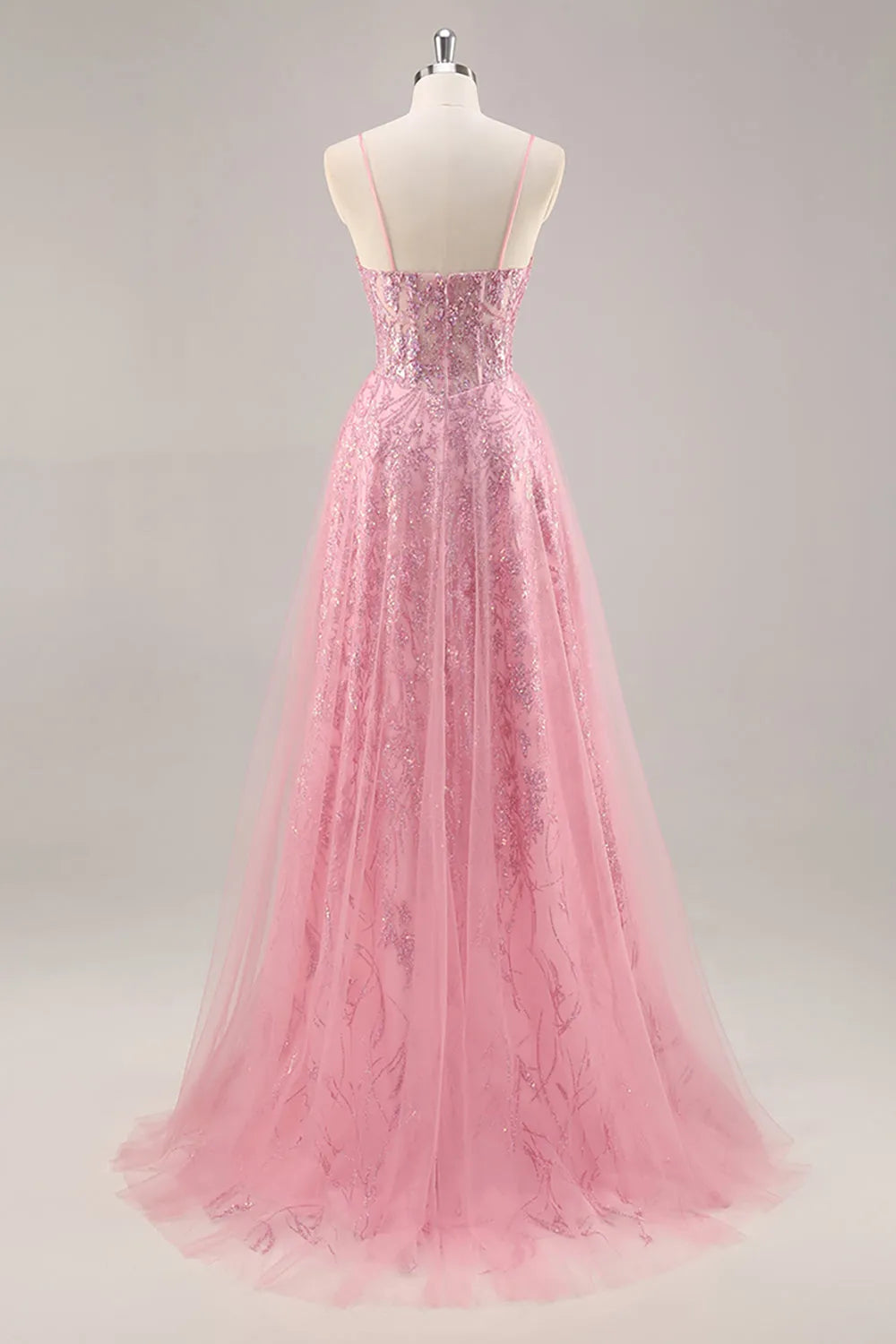 Sparkly Pink Corset Tulle Spaghetti Straps Long Prom Dress with Sequins