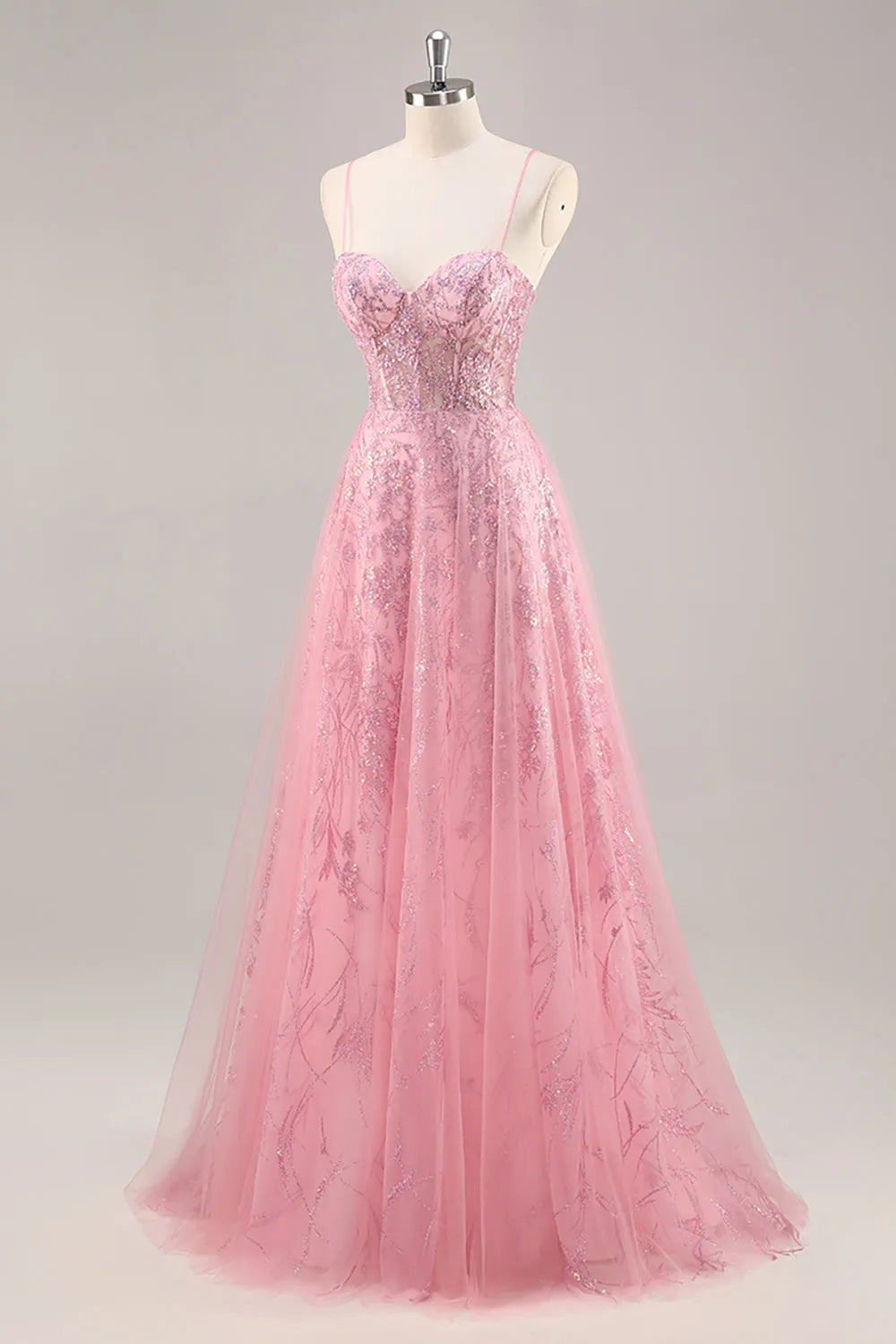 Sparkly Pink Corset Tulle Spaghetti Straps Long Prom Dress with Sequins