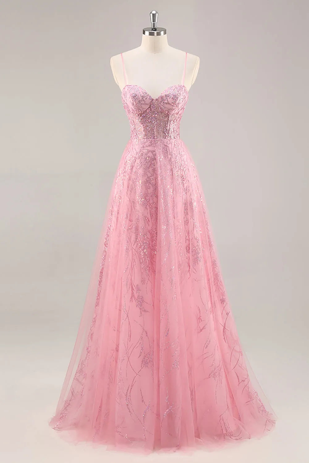 Sparkly Pink Corset Tulle Spaghetti Straps Long Prom Dress with Sequins