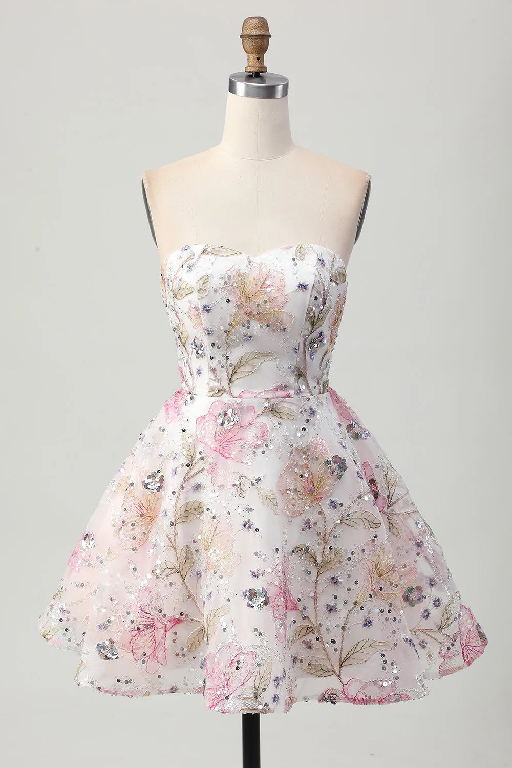 Sparkly Pink Floral A Line Short Homecoming Dress