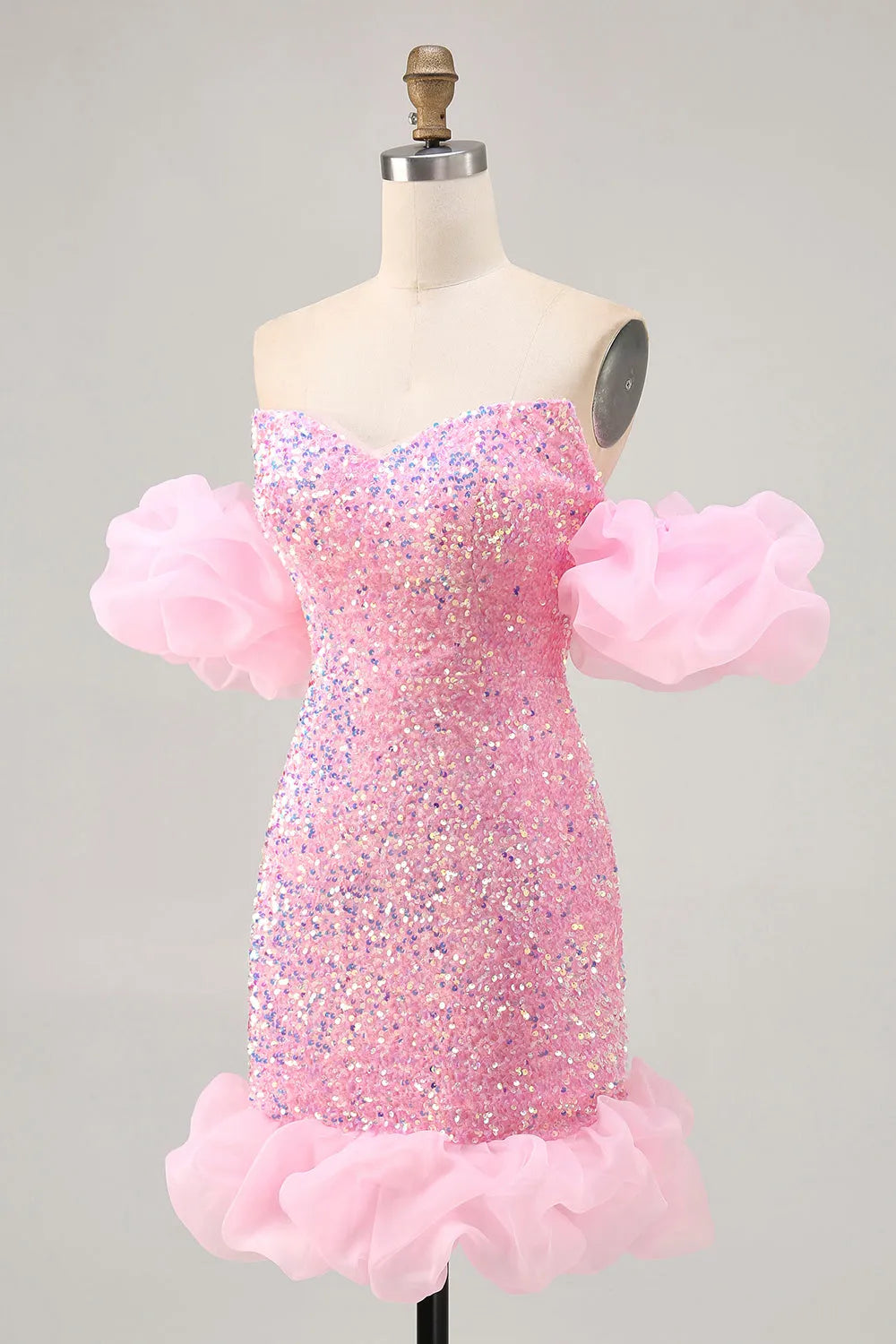 Sparkly Pink Sequins Detachable Puff Sleeves Tight Short Homecoming Dress