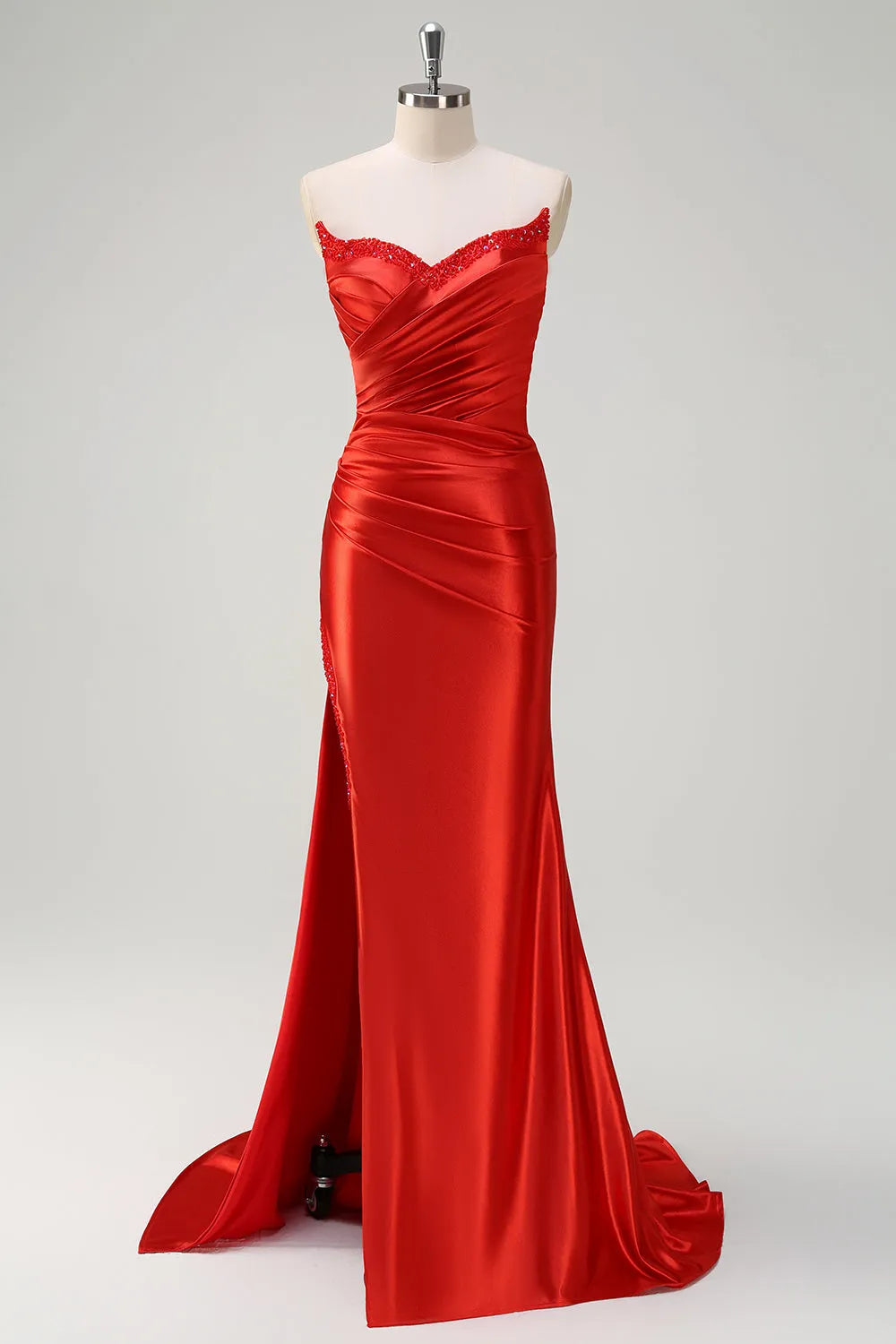 Sparkly Red Mermaid Beaded Strapless Long Prom Dress with Slit