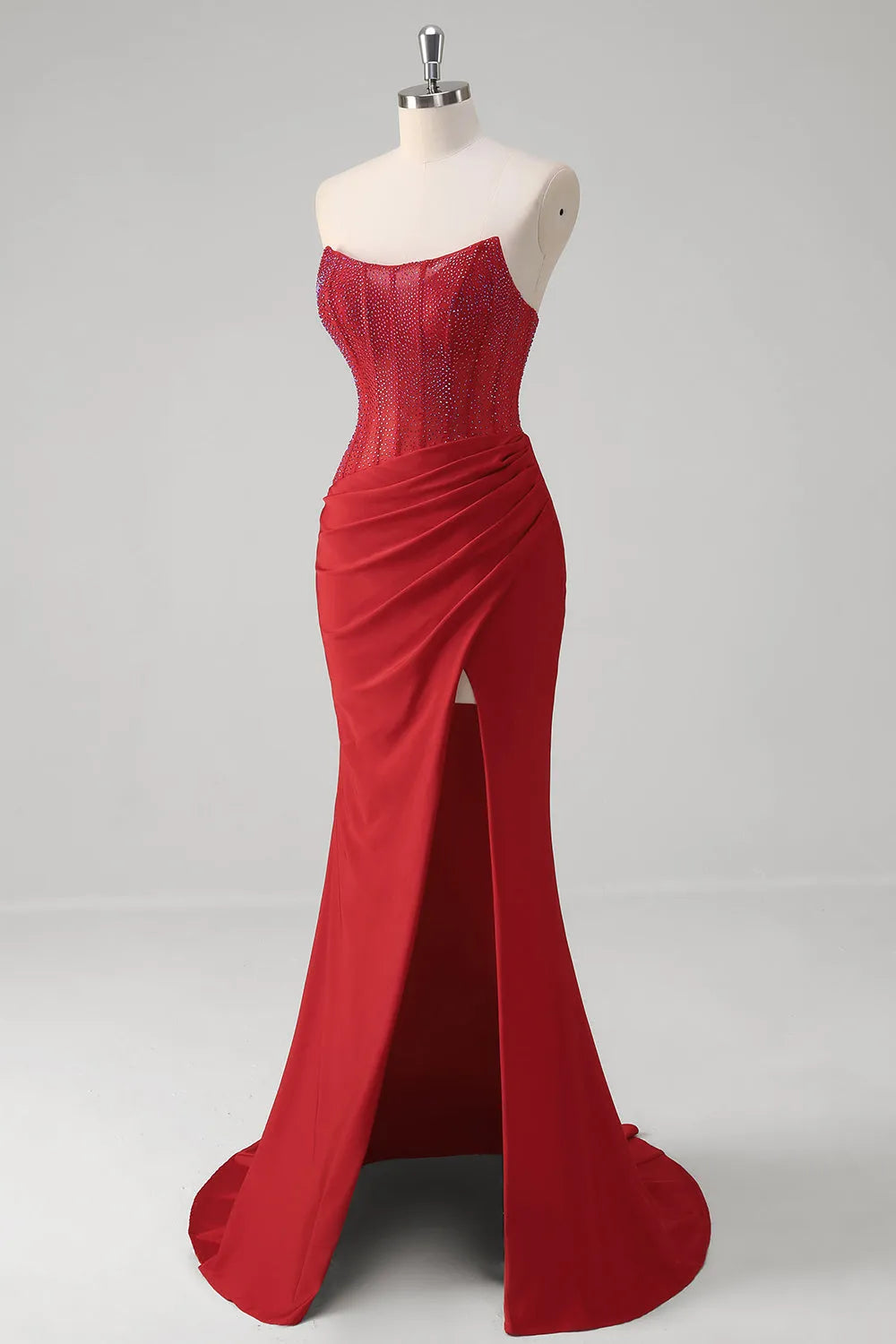 Sparkly Red Mermaid Strapless Satin Long Prom Dress with Slit