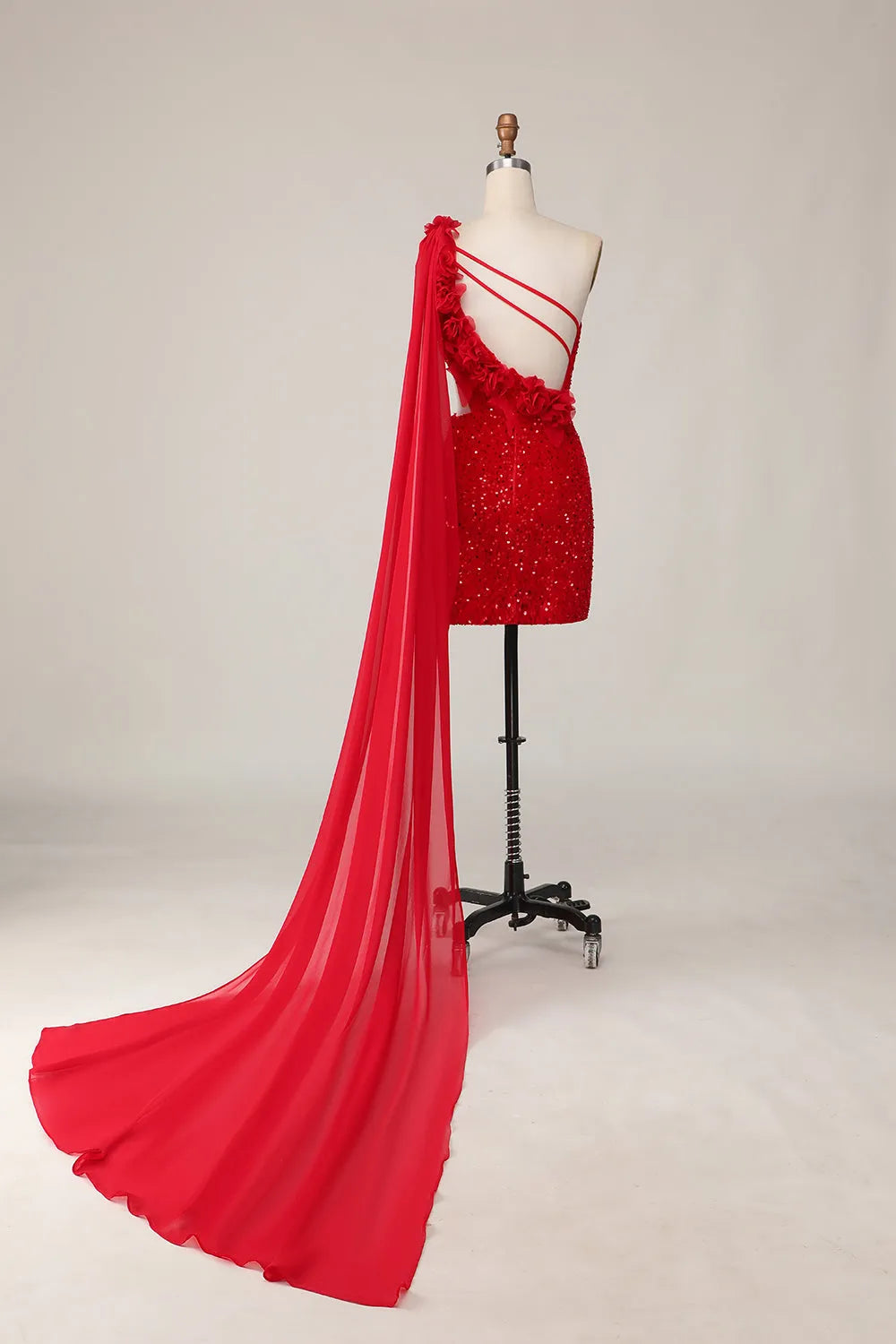 Sparkly Red One Shoulder Short Homecoming Dress with Flowers