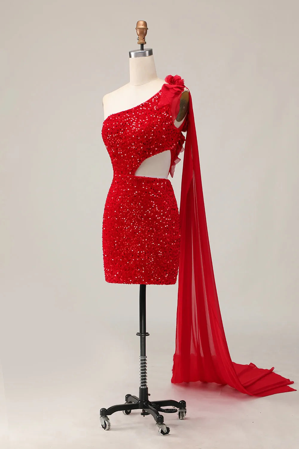 Sparkly Red One Shoulder Short Homecoming Dress with Flowers