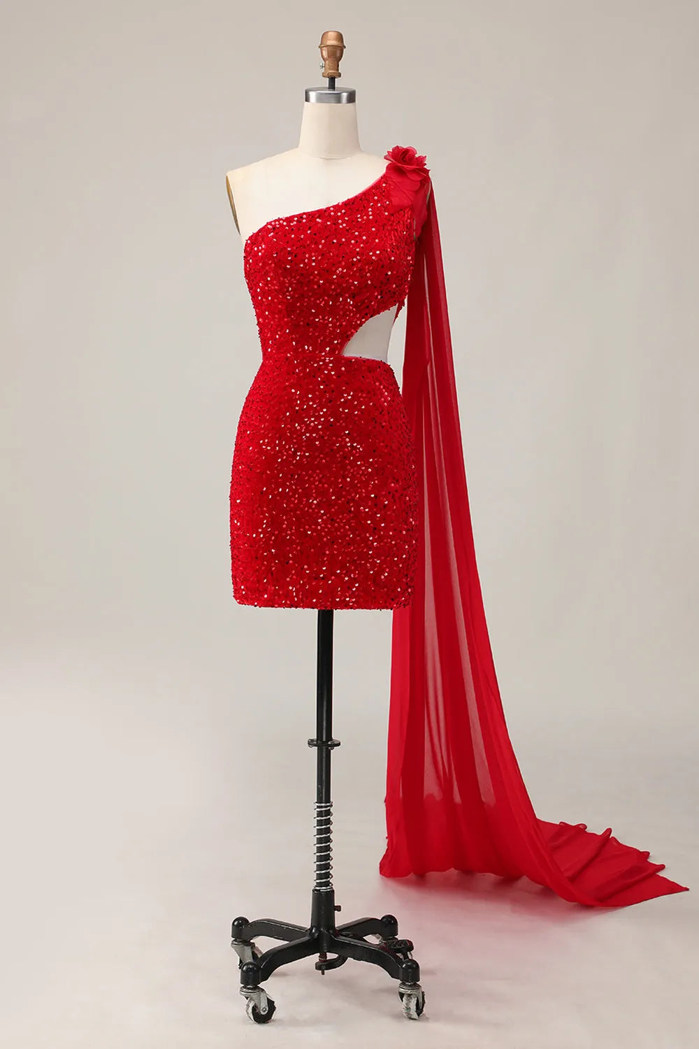 Sparkly Red One Shoulder Short Homecoming Dress with Flowers