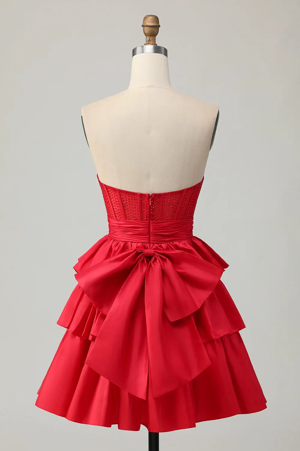 Sparkly Red Ruffled Corset Strapless Short Homecoming Dress with Bow