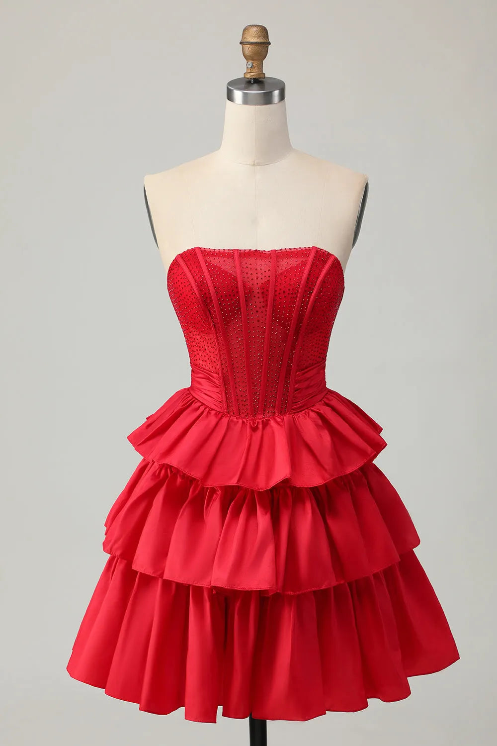 Sparkly Red Ruffled Corset Strapless Short Homecoming Dress with Bow