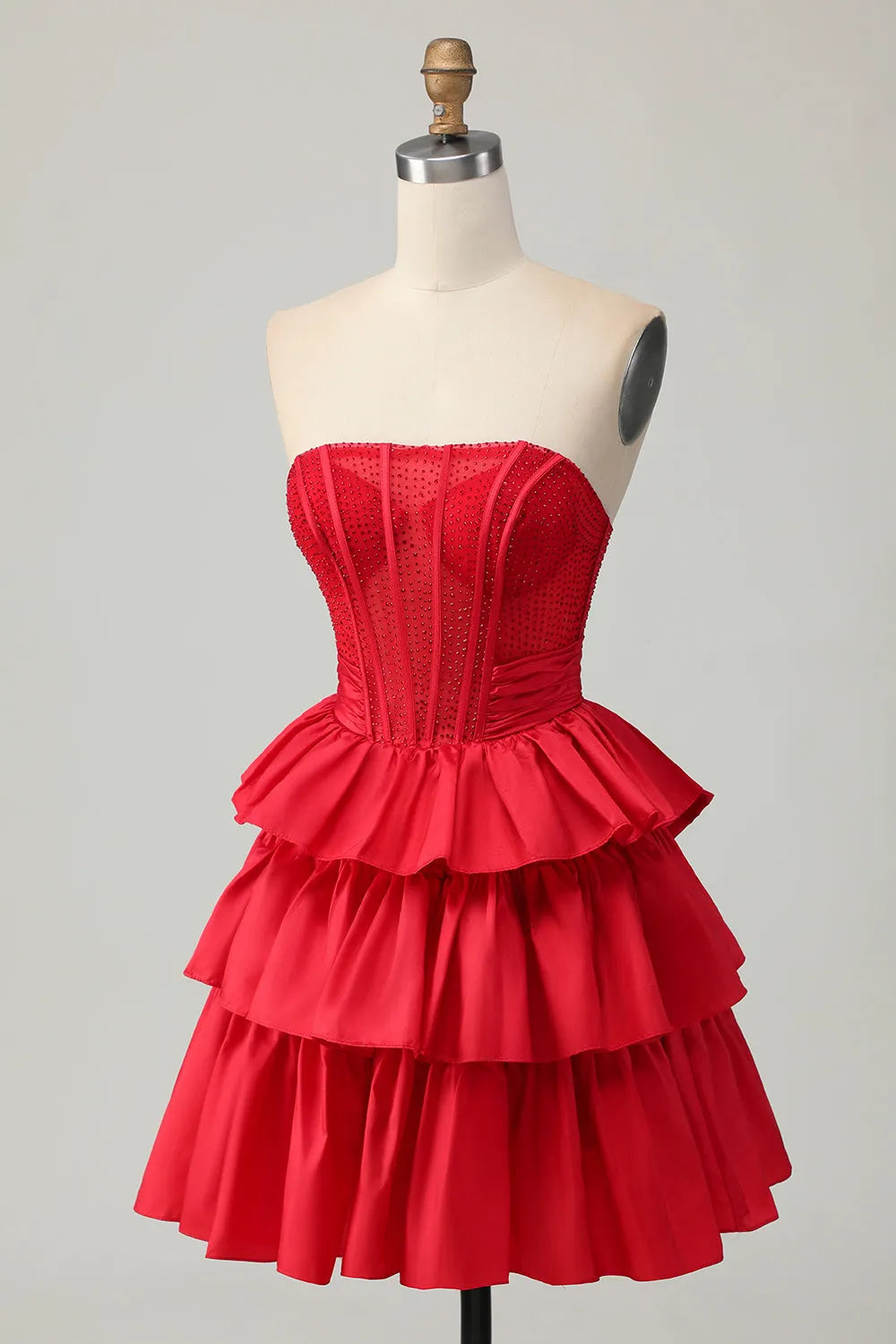 Sparkly Red Ruffled Corset Strapless Short Homecoming Dress with Bow