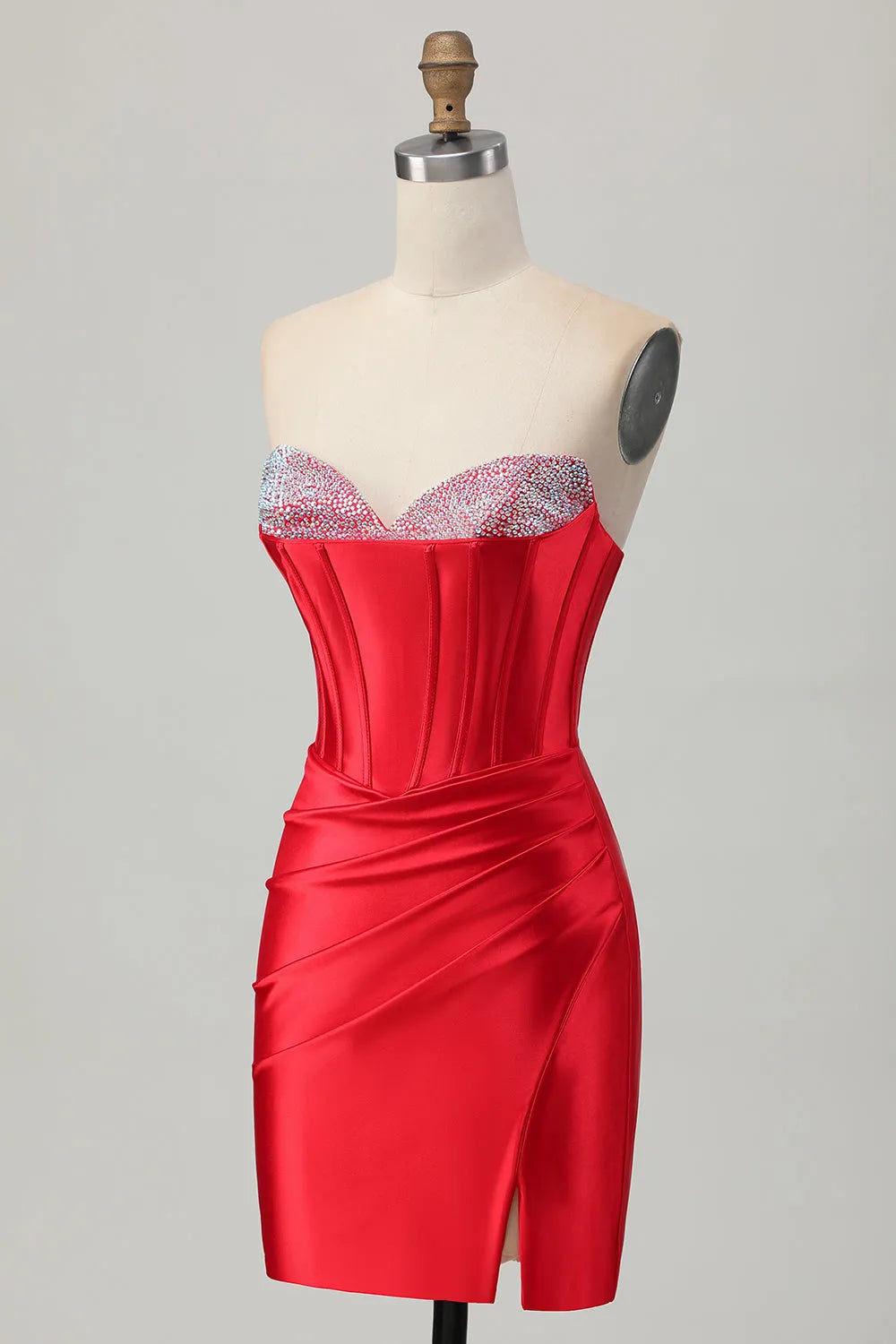Sparkly Red Satin Corset Sweetheart Short Beaded Homecoming Dress with Slit