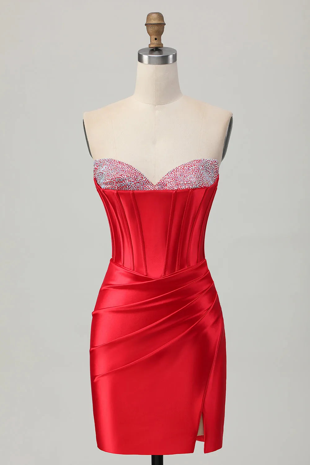 Sparkly Red Satin Corset Sweetheart Short Beaded Homecoming Dress with Slit