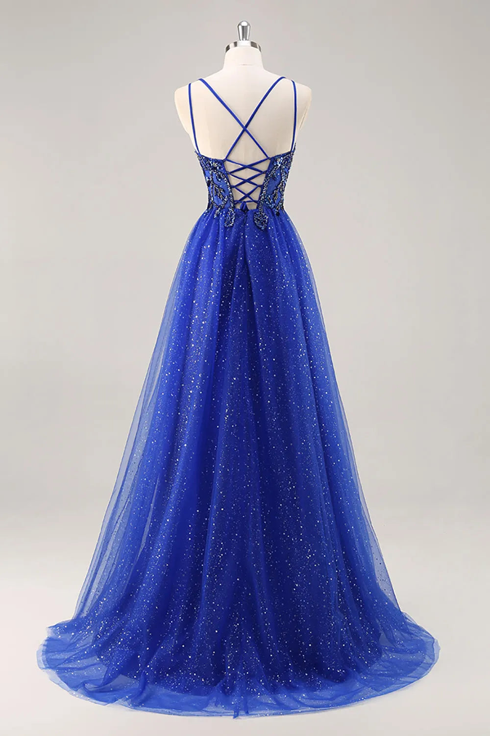 Sparkly Royal Blue Beaded Corset V-Neck Long Prom Dress with Slit ﻿