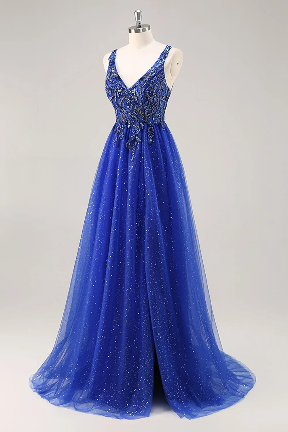Sparkly Royal Blue Beaded Corset V-Neck Long Prom Dress with Slit ﻿